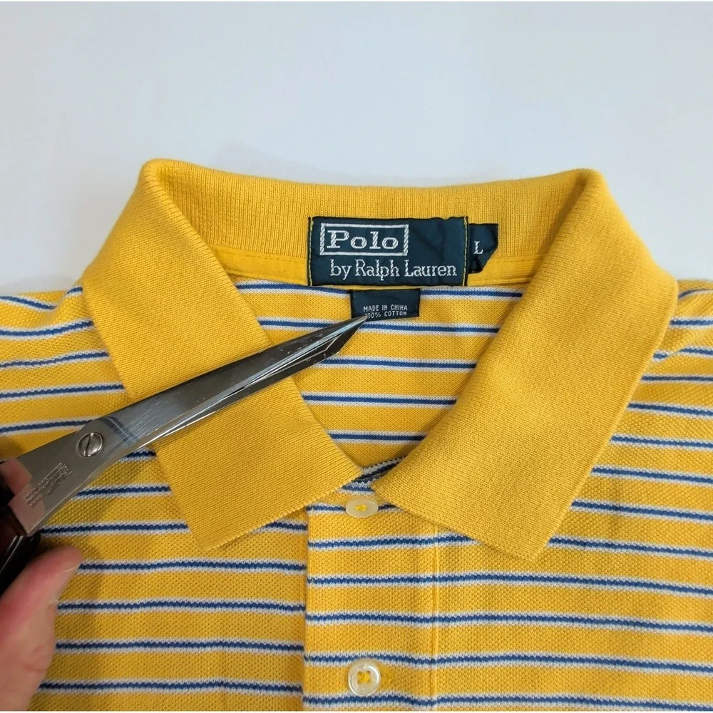 VTG Ralph Lauren Polo Shirt Mens Large Yellow Blue Striped Red Pony Preppy L